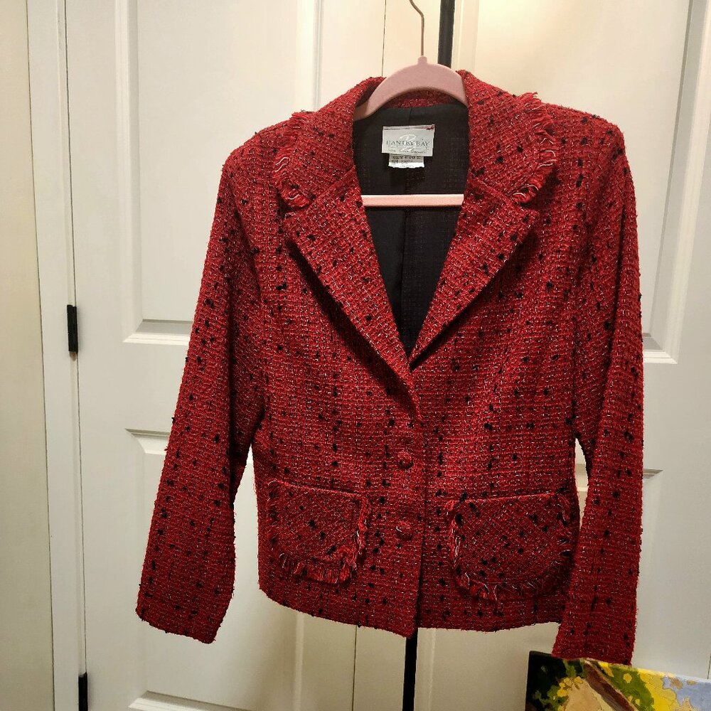 Bantry Bay Red Tweed Blazer Jacket Fringe Trim Size M Made in Canada